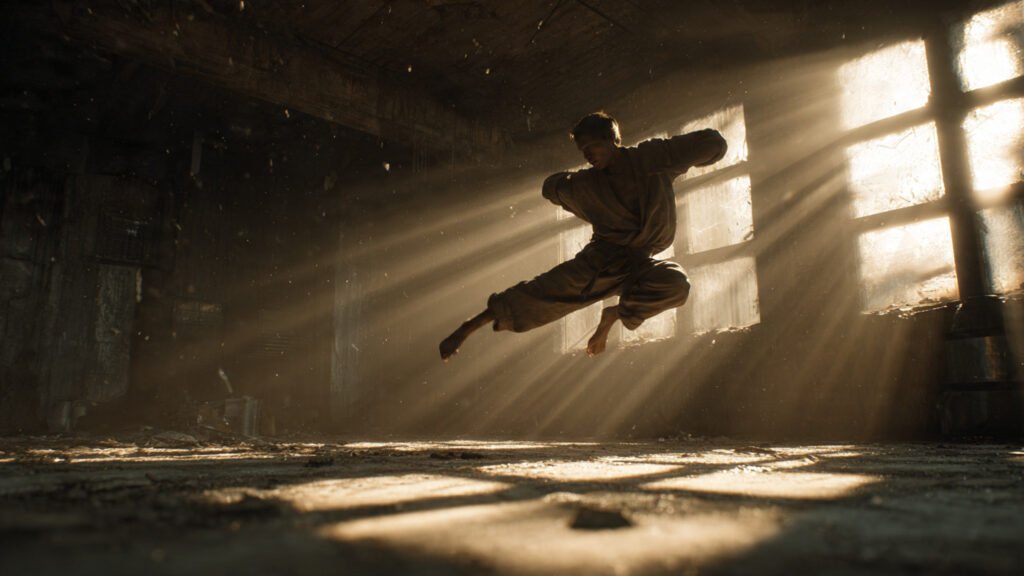 360 degree orbit shot of a martial artist in a warehouse demonstrating AI video parallax.