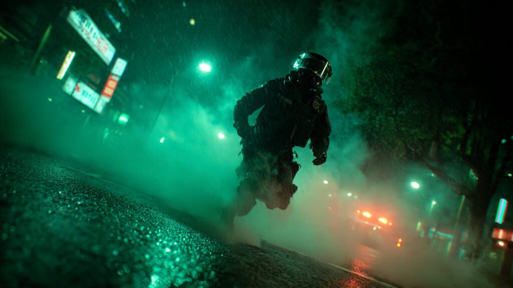Cinematic low angle shot of a riot officer in green smoke demonstrating Veo 3 camera capabilities.