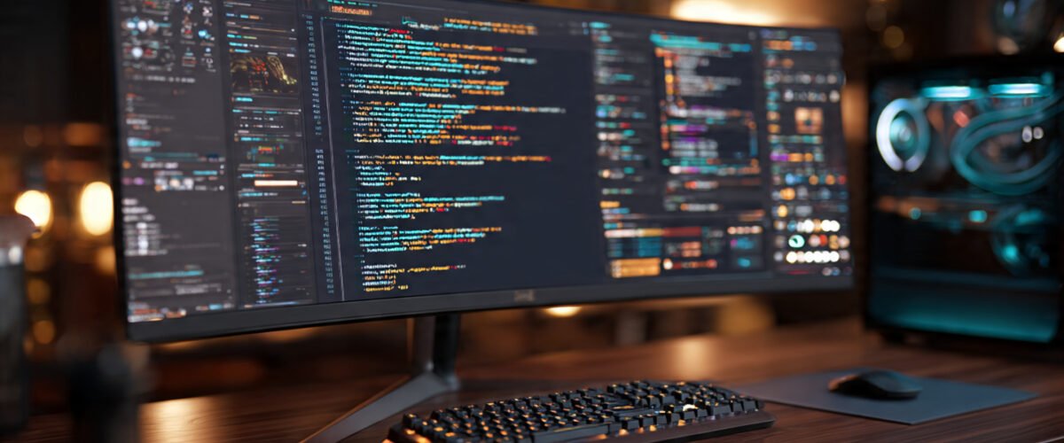 Dark mode developer workspace showing code refactoring on an ultrawide monitor