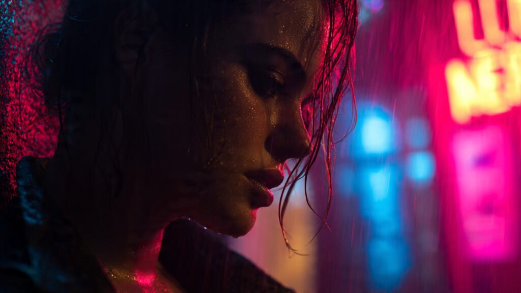 Cinematic cyberpunk portrait showing rim lighting and neon reflections