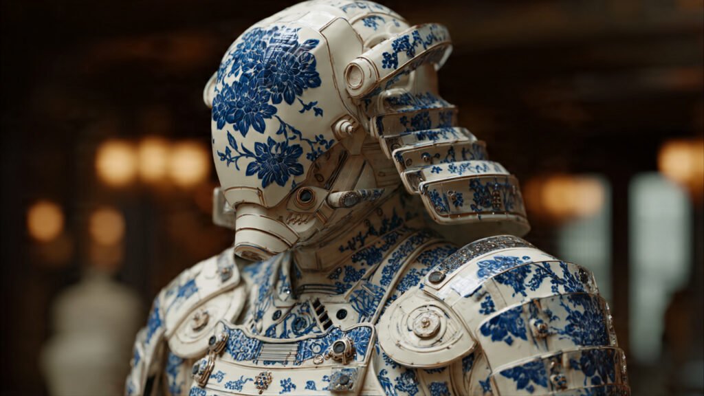 Porcelain samurai armor showcasing a blend of history and sci-fi