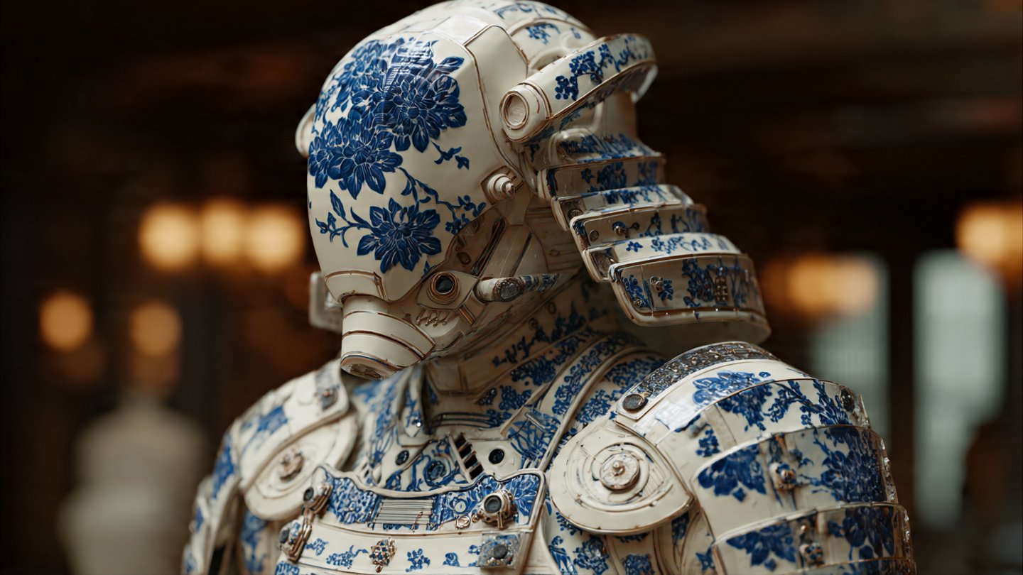Porcelain samurai armor showcasing a blend of history and sci-fi