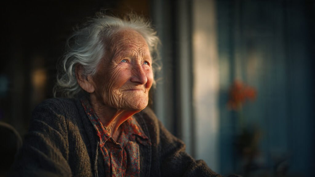 Realistic AI portrait of an elderly woman showing detailed skin texture