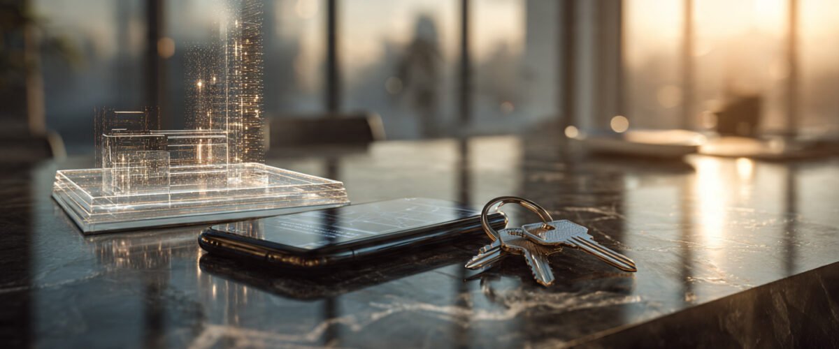 Glowing holographic luxury home projecting from a smartphone on a real estate agent desk