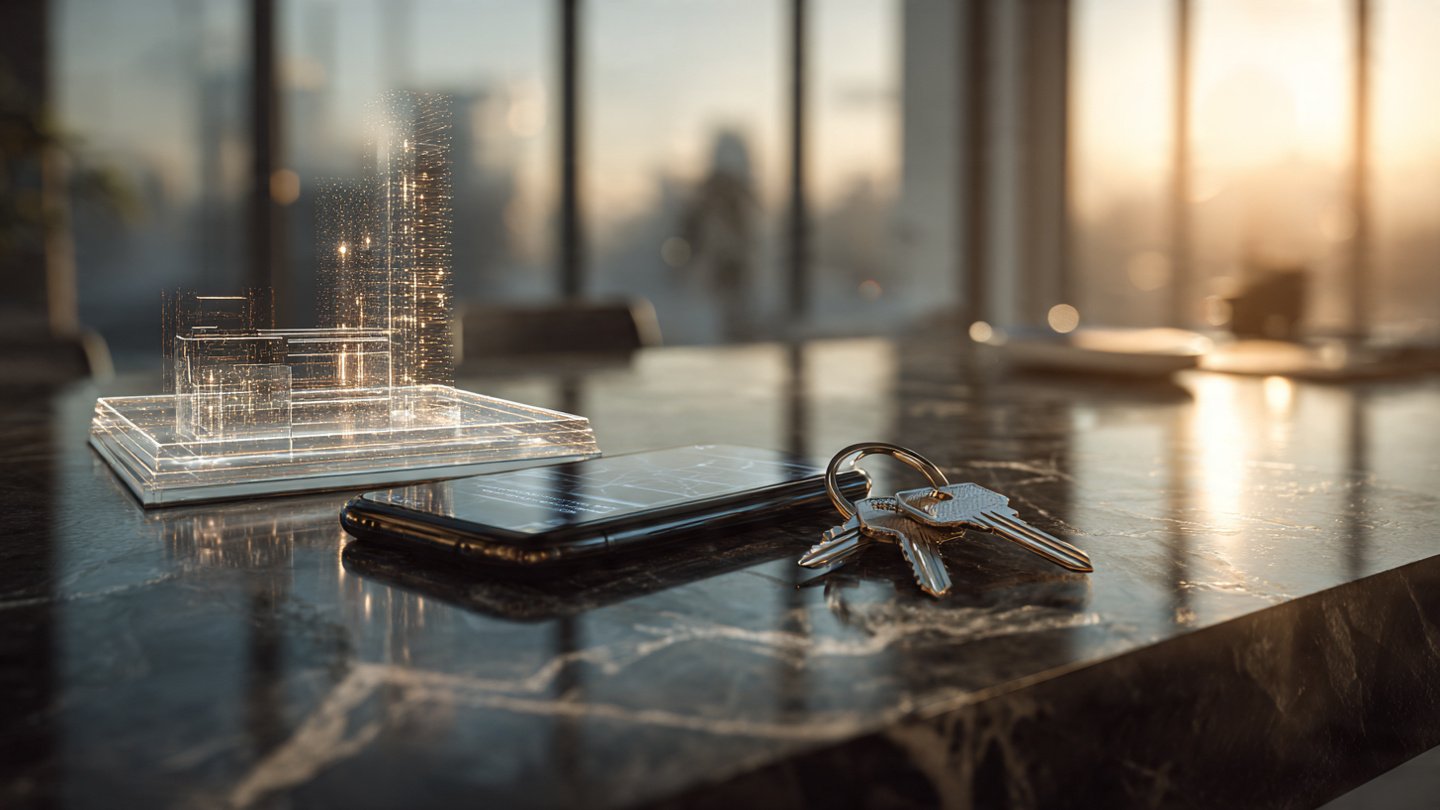 Glowing holographic luxury home projecting from a smartphone on a real estate agent desk