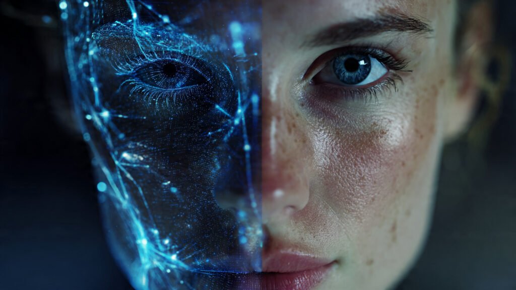 Comparison of a glitchy AI face and a corrected photorealistic portrait