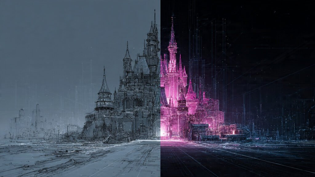 AI concept art showing a pencil sketch transforming into a cyberpunk reality