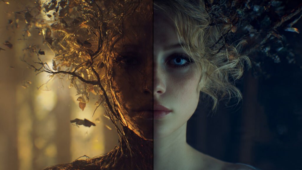 A split screen comparison, left side shows a chaotic blurry AI blend of a woman and a tree, right side shows a clean surreal portrait of a woman with branches growing from her hair, sharp focus, cinematic lighting, distinct features, high quality