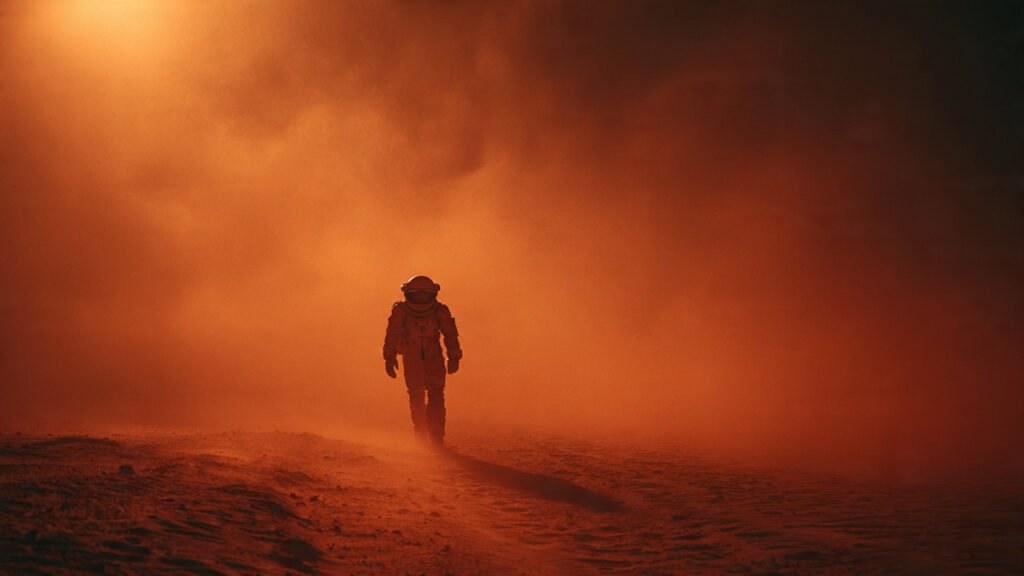 Cinematic wide shot of an astronaut on Mars with film grain and anamorphic flares