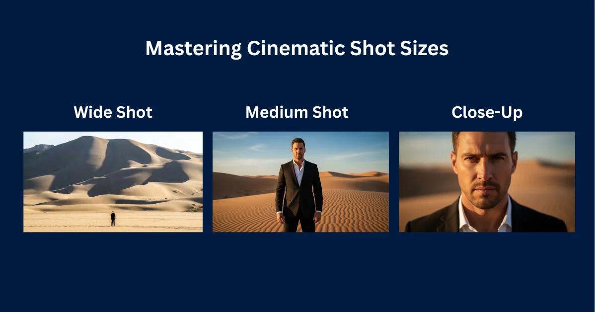 An infographic showing different cinematic AI shot sizes including wide shot, medium shot, and close-up