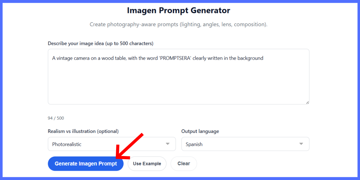 Interfaz del generador de prompts para Imagen 4 en Promptsera mostrando un ejemplo de texto exacto