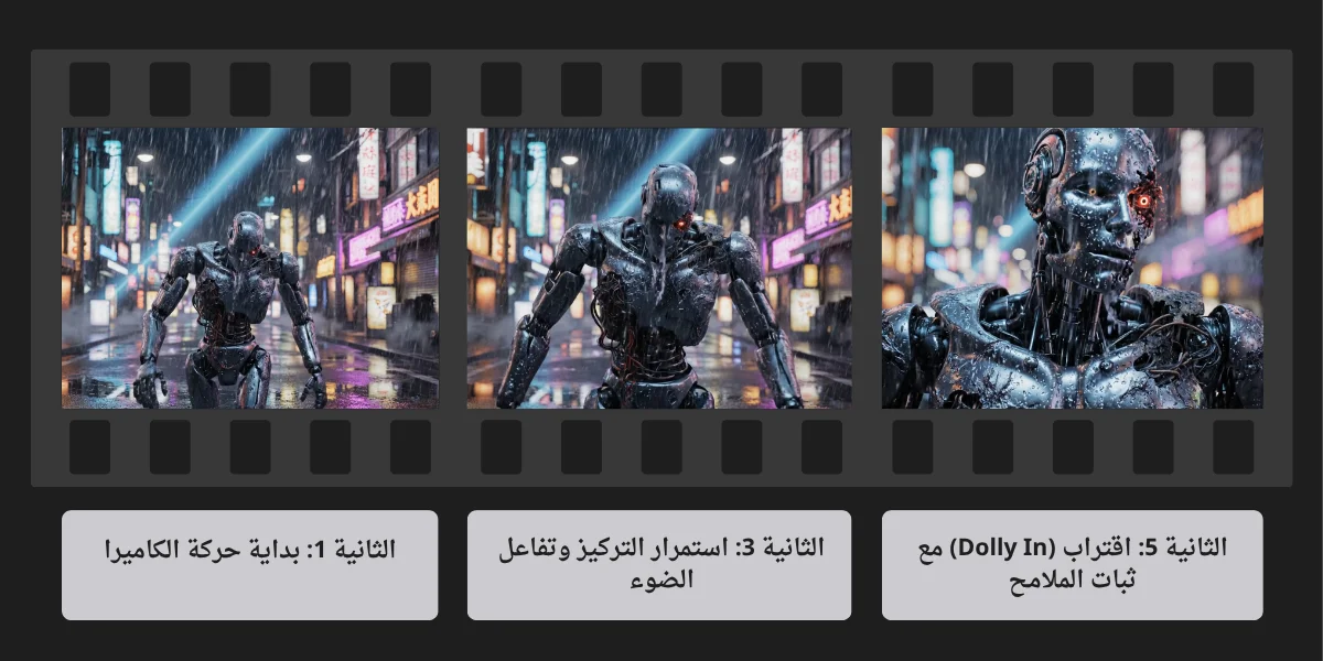 لقطات متتابعة توضح حركة الكاميرا وتأثيرات الإضاءة في مشهد فيديو لروبوت في طوكيو تم توليده بالذكاء الاصطناعي