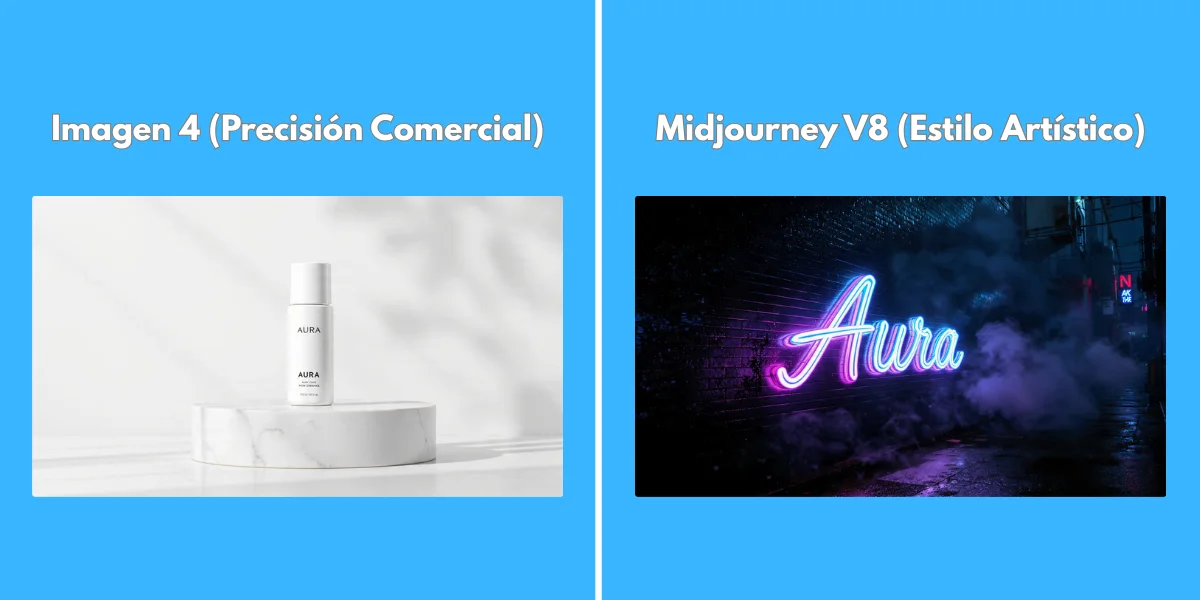 Infografía comparativa entre Google Imagen 4 y Midjourney destacando la precisión tipográfica frente al estilo artístico
