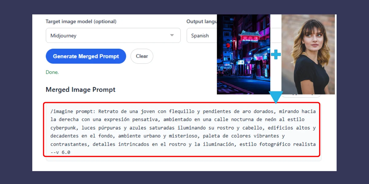 Captura de pantalla de la herramienta Promptsera para combinar dos imágenes y generar un prompt estructurado de IA
