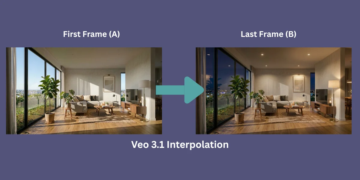 Esquema visual diseñado en Canva mostrando la interpolación de video entre un fotograma inicial de día y un fotograma final de noche usando Veo 3.1
