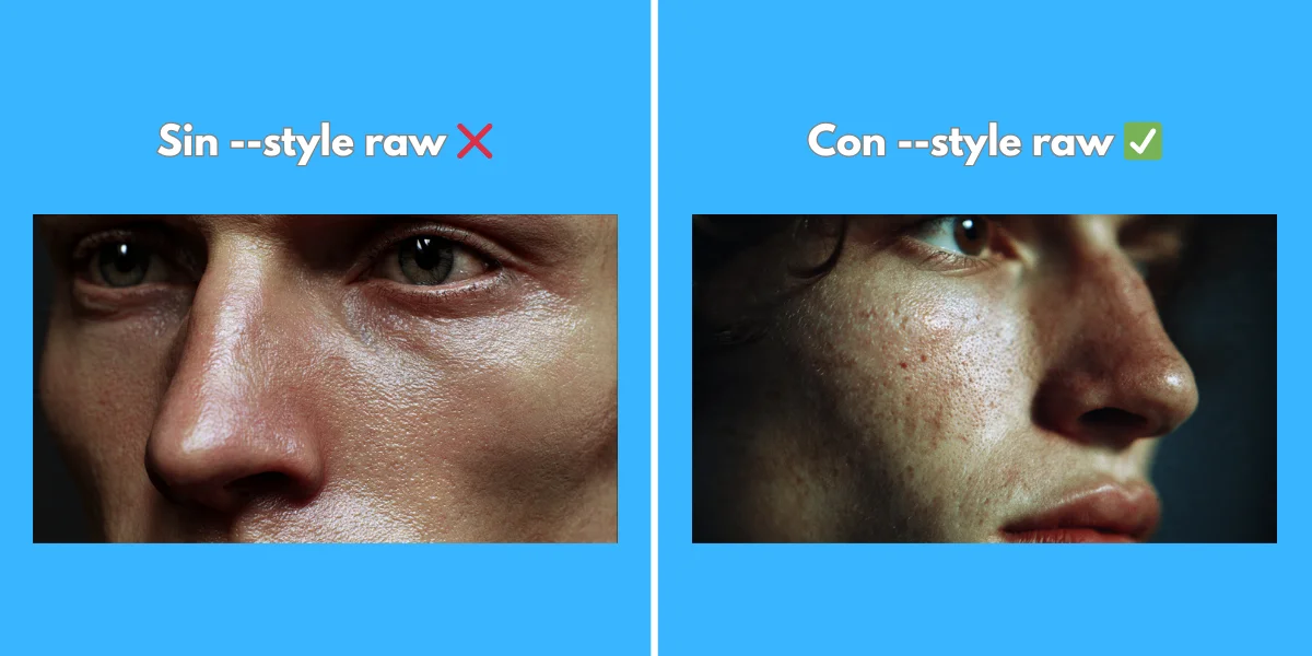 Comparación visual en Midjourney mostrando el fotorrealismo plano al aplicar el parámetro style raw