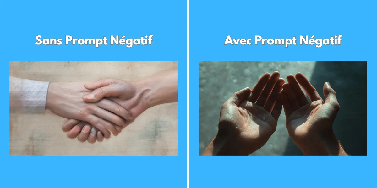 Comparatif visuel avant et après l'application d'un prompt négatif pour corriger la structure d'une main générée par IA