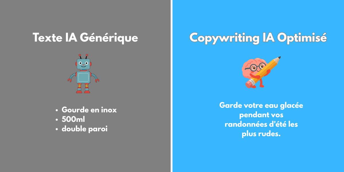 Schéma illustrant la différence entre les caractéristiques techniques d'un texte IA générique et les bénéfices psychologiques d'un copywriting optimisé