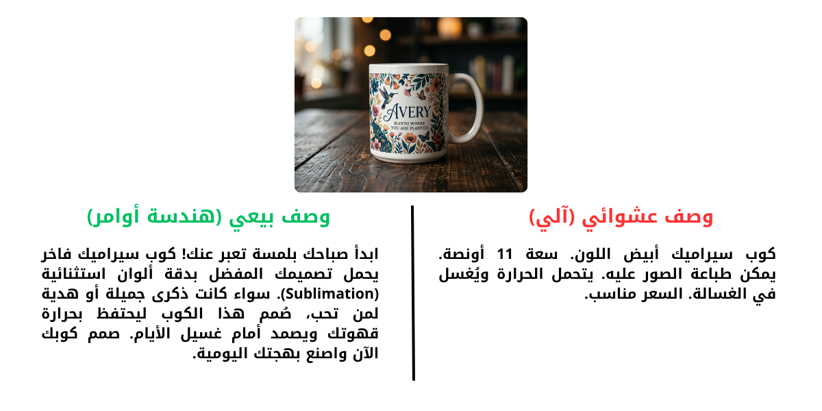 مقارنة بين وصف منتج تقليدي ووصف منتج مكتوب بهندسة أوامر احترافية لزيادة المبيعات