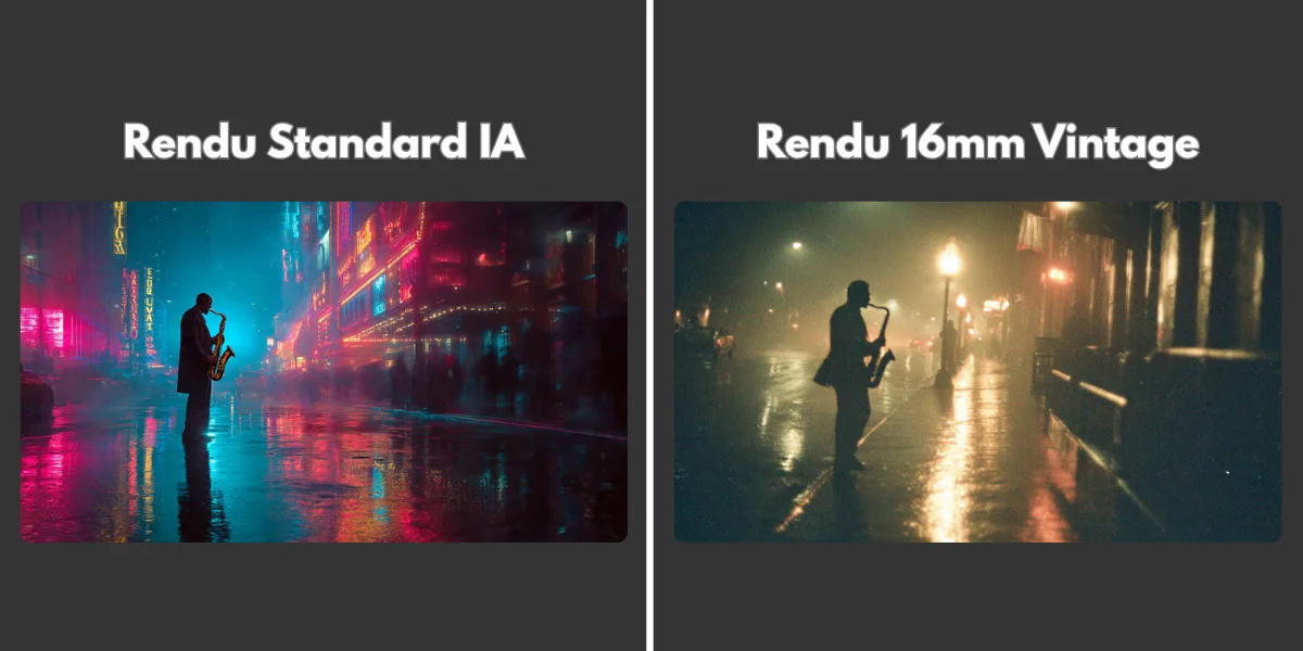 Comparaison visuelle entre un rendu vidéo standard et un rendu stylisé vintage en 16mm avec grain de pellicule