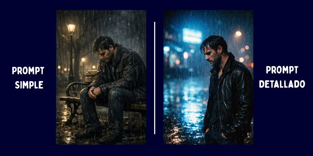 Comparativa visual en pantalla dividida de un hombre bajo la lluvia: prompt simple vs prompt detallado fotorrealista