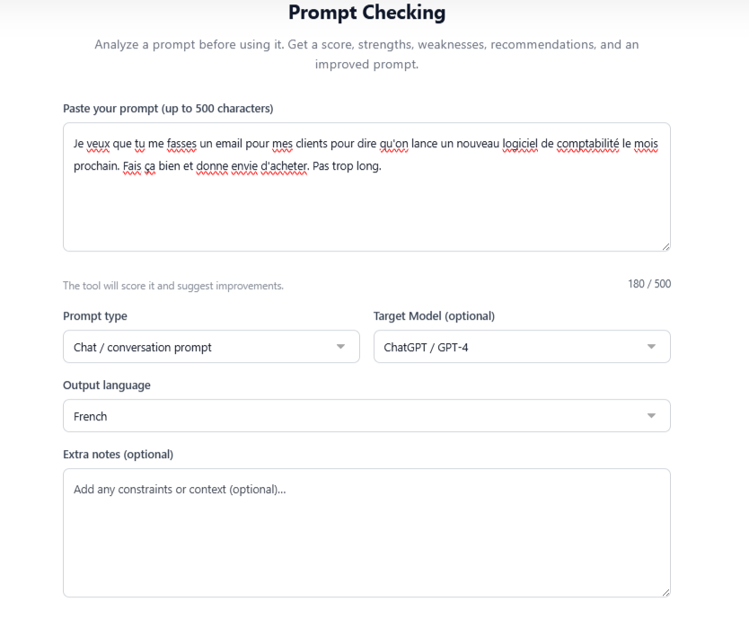 Capture d'écran de l'interface du Vérificateur de Prompts IA sur promptsera.com analysant une requête défectueuse