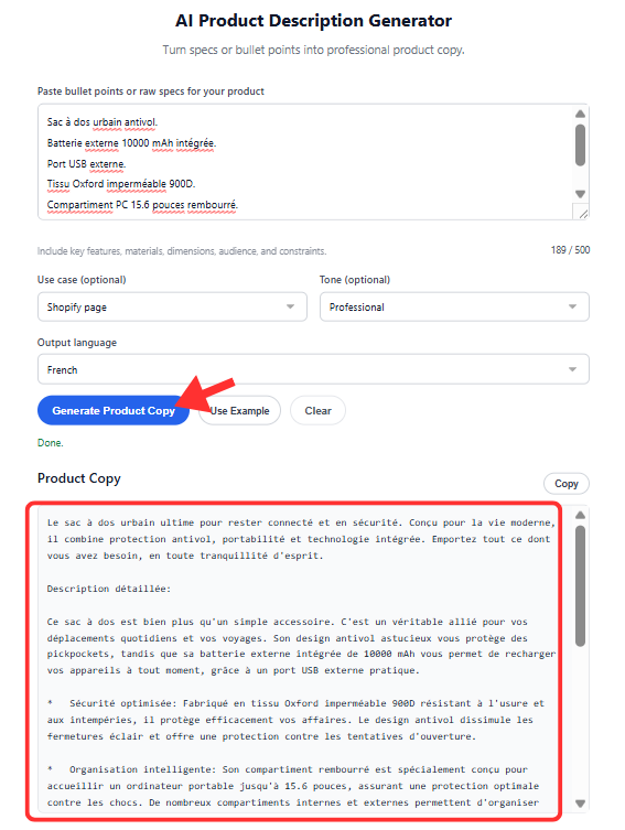 Capture d'écran de l'outil PromptSera générant une fiche produit parfaitement structurée prête à être copiée