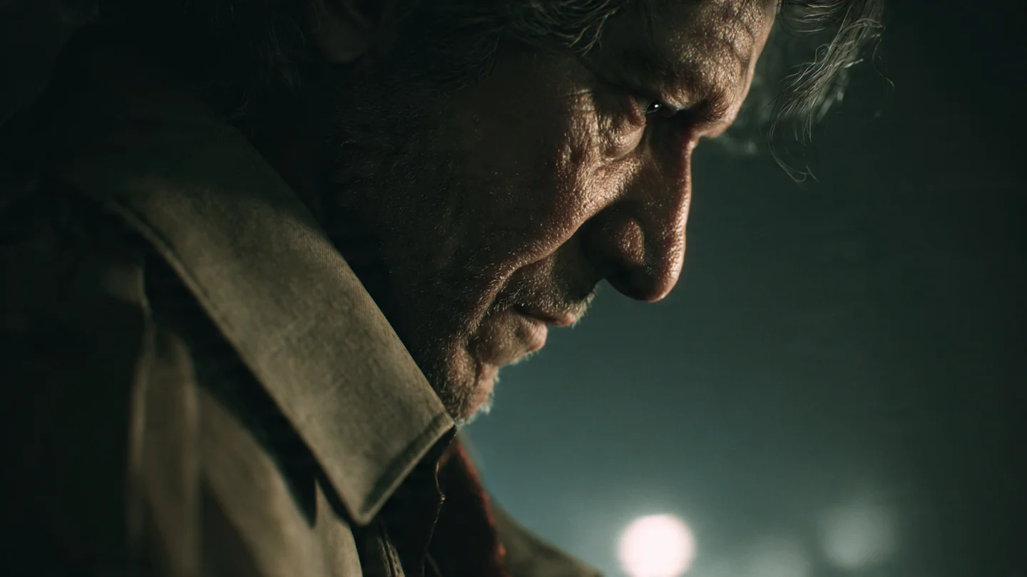 A cinematic close-up of a weary detective demonstrating Rembrandt lighting and sharp volumetric fog