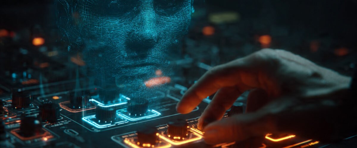 Panel de control futurista ajustando parámetros matemáticos para renderizar un rostro humano hiperrealista con iluminación neón