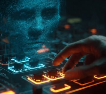 Panel de control futurista ajustando parámetros matemáticos para renderizar un rostro humano hiperrealista con iluminación neón