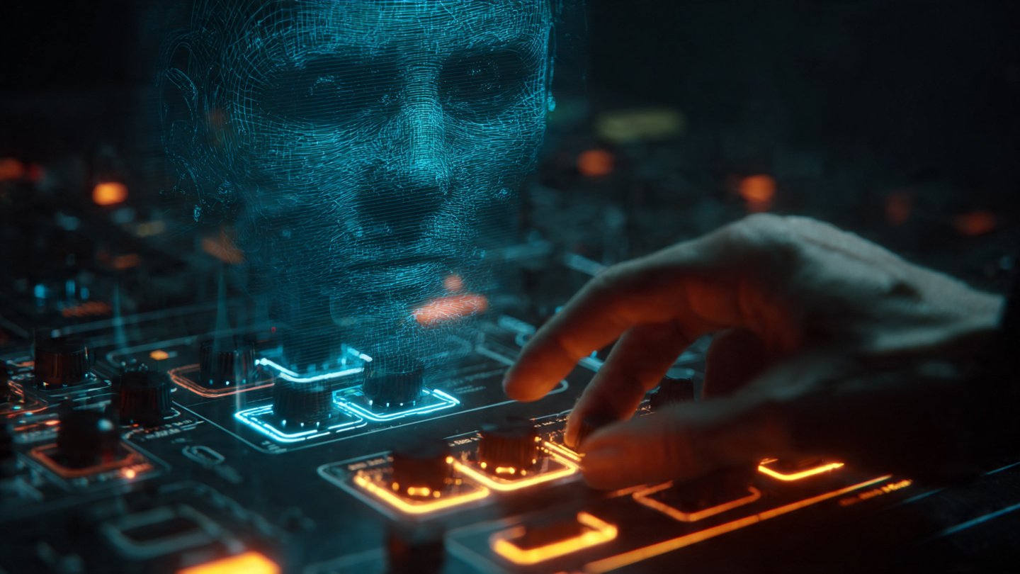 Panel de control futurista ajustando parámetros matemáticos para renderizar un rostro humano hiperrealista con iluminación neón