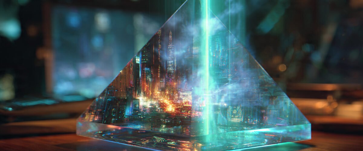 Prisma de cristal futurista dividiendo un rayo de luz en dos proyecciones holográficas que fusionan una pintura clásica con una ciudad ciberpunk
