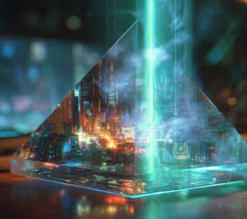 Prisma de cristal futurista dividiendo un rayo de luz en dos proyecciones holográficas que fusionan una pintura clásica con una ciudad ciberpunk