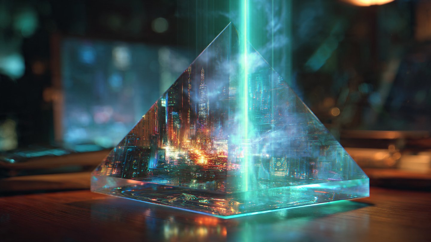 Prisma de cristal futurista dividiendo un rayo de luz en dos proyecciones holográficas que fusionan una pintura clásica con una ciudad ciberpunk