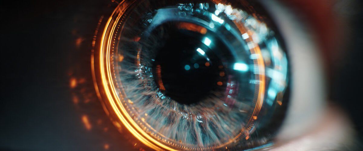 Lente de cámara futurista reflejando un ojo cibernético hiperrealista con iluminación neón