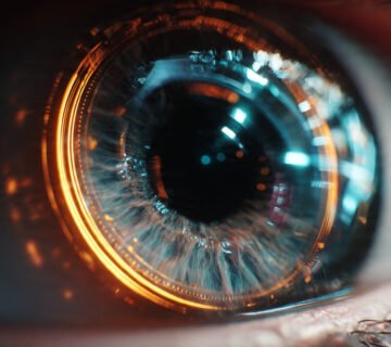 Lente de cámara futurista reflejando un ojo cibernético hiperrealista con iluminación neón