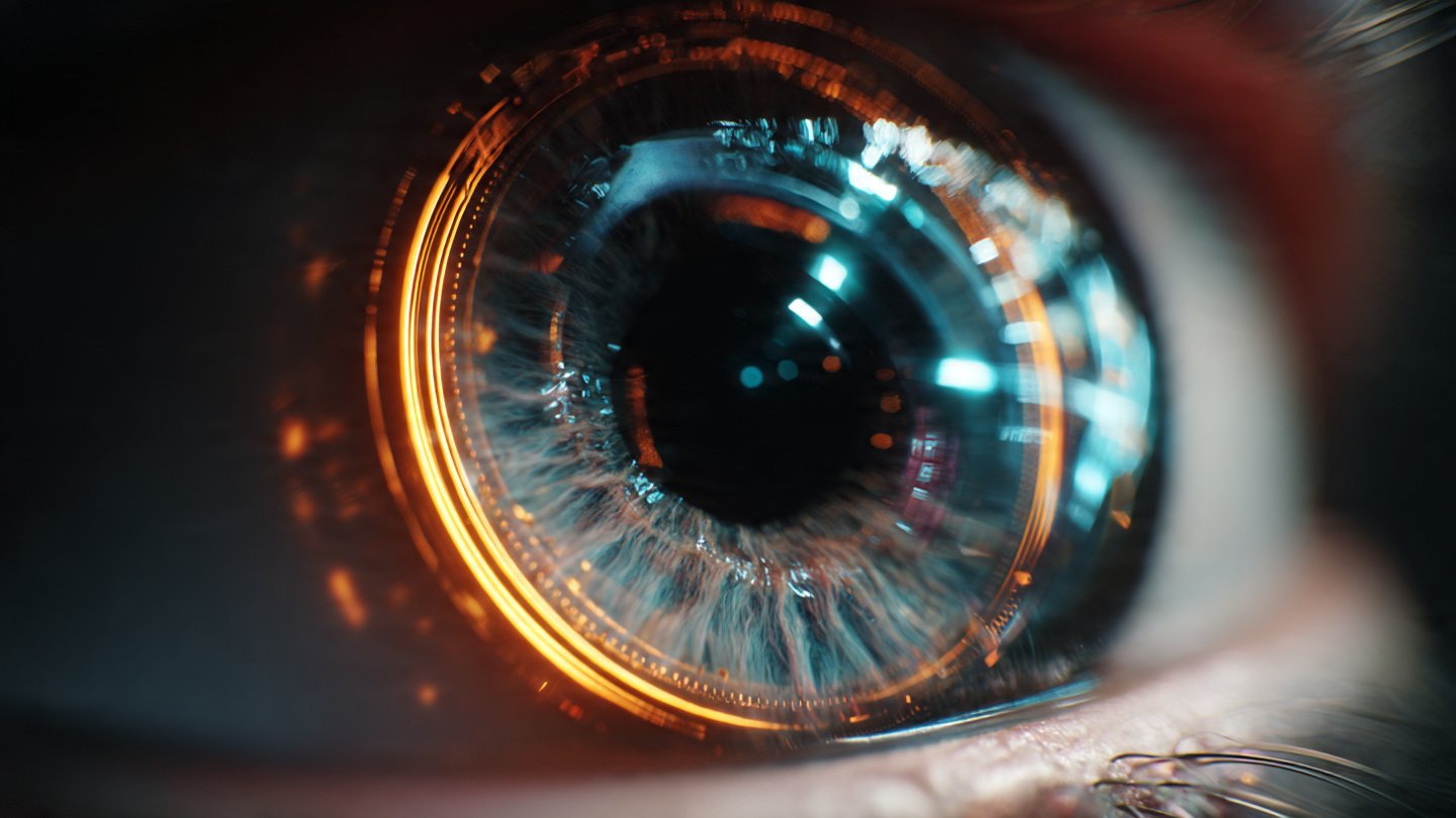 Lente de cámara futurista reflejando un ojo cibernético hiperrealista con iluminación neón
