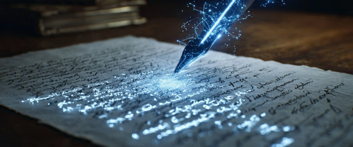 Láser azul escaneando un documento manuscrito antiguo mientras las letras se transforman en tipografía digital brillante