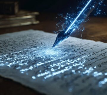 Láser azul escaneando un documento manuscrito antiguo mientras las letras se transforman en tipografía digital brillante