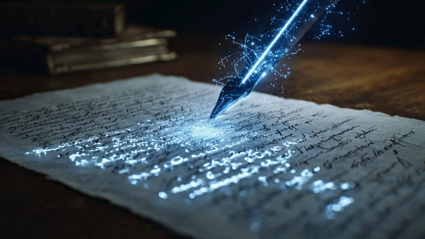 Láser azul escaneando un documento manuscrito antiguo mientras las letras se transforman en tipografía digital brillante