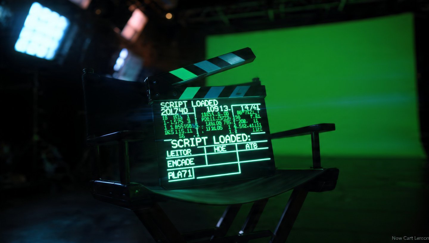 Claqueta de cine digital brillante mostrando código y el texto Veo 3 1 en un estudio de grabación oscuro