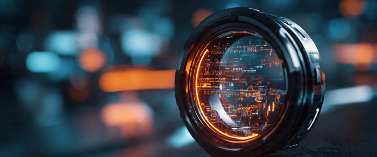 A cinematic macro photograph of a glowing holographic futuristic monocle resting on a dark carbon fiber desk, the monocle lens is projecting a complex web of glowing orange text tokens and architectural data analyzing a blurred futuristic city in the background, sharp focus on the glass and text, dramatic neon blue and orange lighting, 85mm lens, f/1.8, photorealistic, 8k resolution, cyberpunk analytics aesthetic