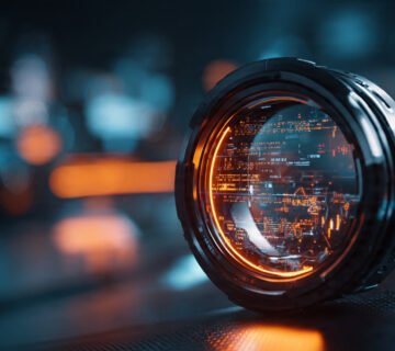 A cinematic macro photograph of a glowing holographic futuristic monocle resting on a dark carbon fiber desk, the monocle lens is projecting a complex web of glowing orange text tokens and architectural data analyzing a blurred futuristic city in the background, sharp focus on the glass and text, dramatic neon blue and orange lighting, 85mm lens, f/1.8, photorealistic, 8k resolution, cyberpunk analytics aesthetic