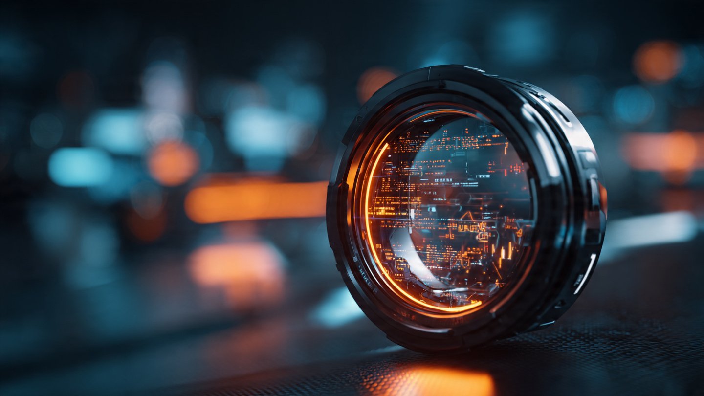 A cinematic macro photograph of a glowing holographic futuristic monocle resting on a dark carbon fiber desk, the monocle lens is projecting a complex web of glowing orange text tokens and architectural data analyzing a blurred futuristic city in the background, sharp focus on the glass and text, dramatic neon blue and orange lighting, 85mm lens, f/1.8, photorealistic, 8k resolution, cyberpunk analytics aesthetic