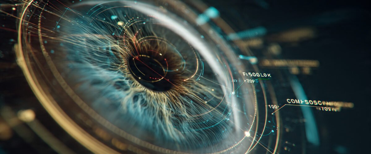 Diagrama anatómico brillante de un ojo humano fusionándose con una lente de cámara y código holográfico