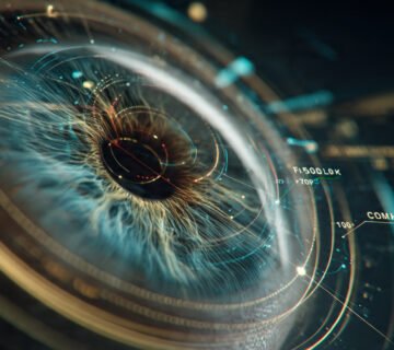 Diagrama anatómico brillante de un ojo humano fusionándose con una lente de cámara y código holográfico