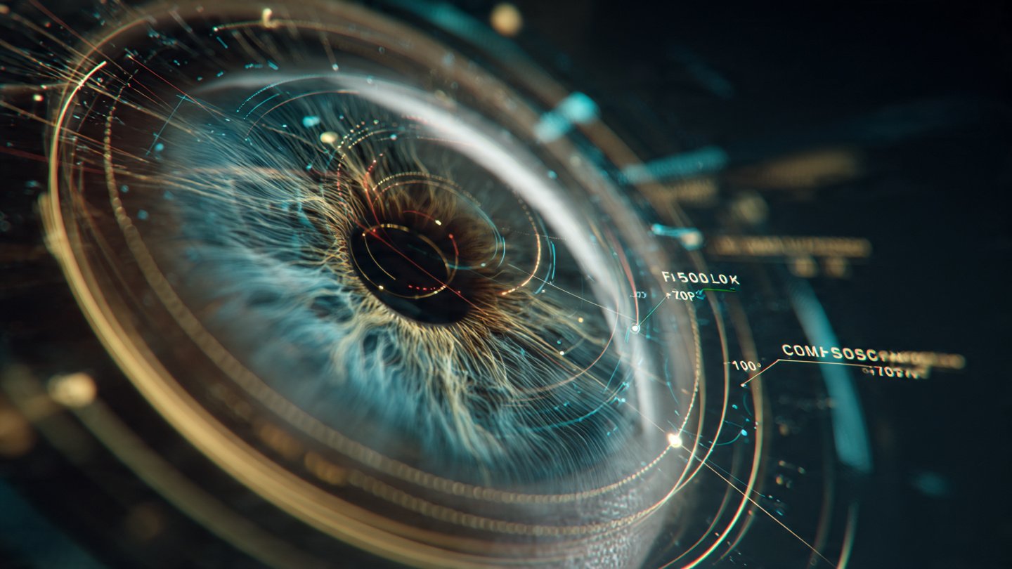 Diagrama anatómico brillante de un ojo humano fusionándose con una lente de cámara y código holográfico