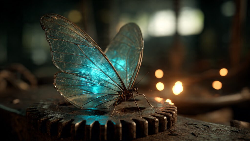 Fotografía macro de una mariposa de cristal translúcido brillante descansando sobre un engranaje de metal oxidado