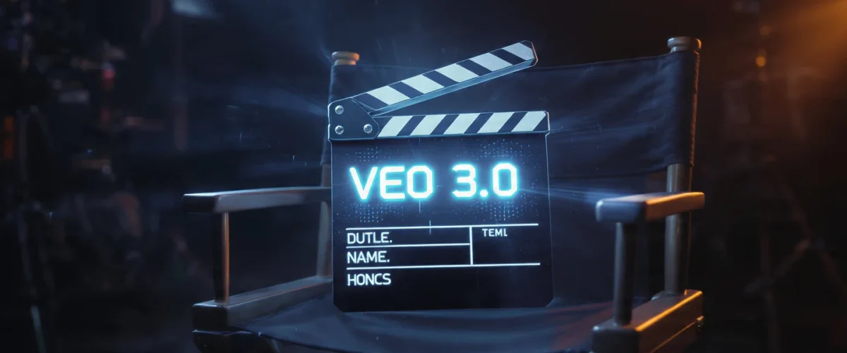 A cinematic movie clapperboard resting on a modern 1200x500