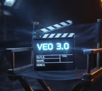 A cinematic movie clapperboard resting on a modern 360x320
